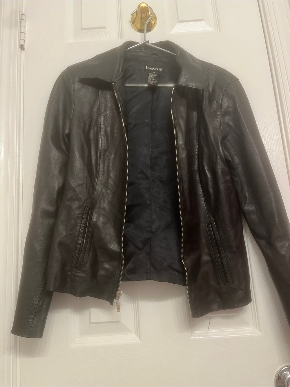 bebe Black Leather Zip-Front Bomber Jacket